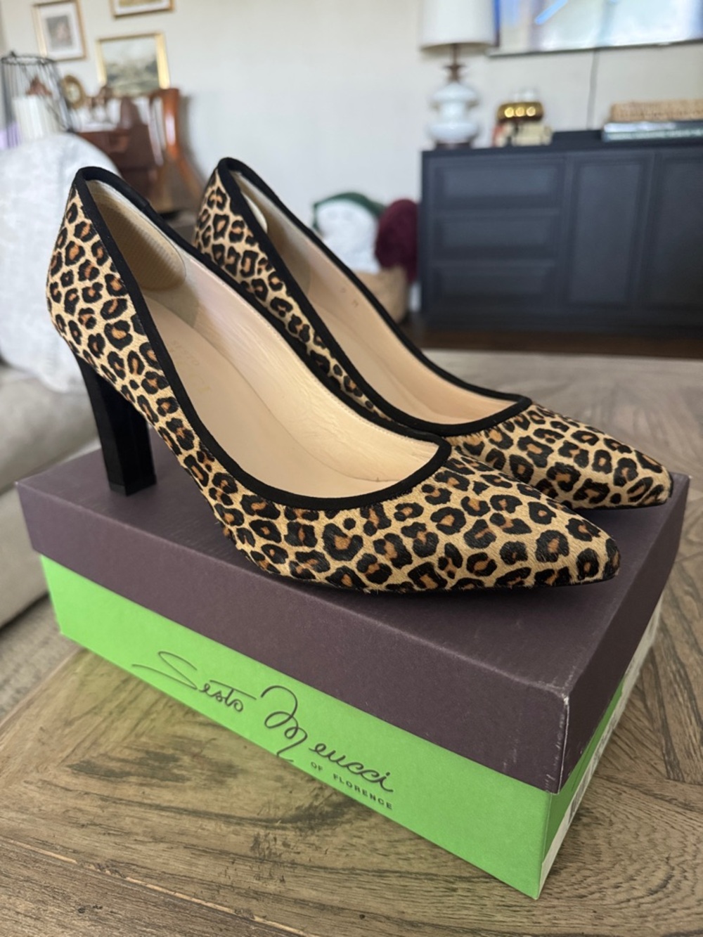 Sesto Meucci Leopard Print Pointed Pumps with Black Trim